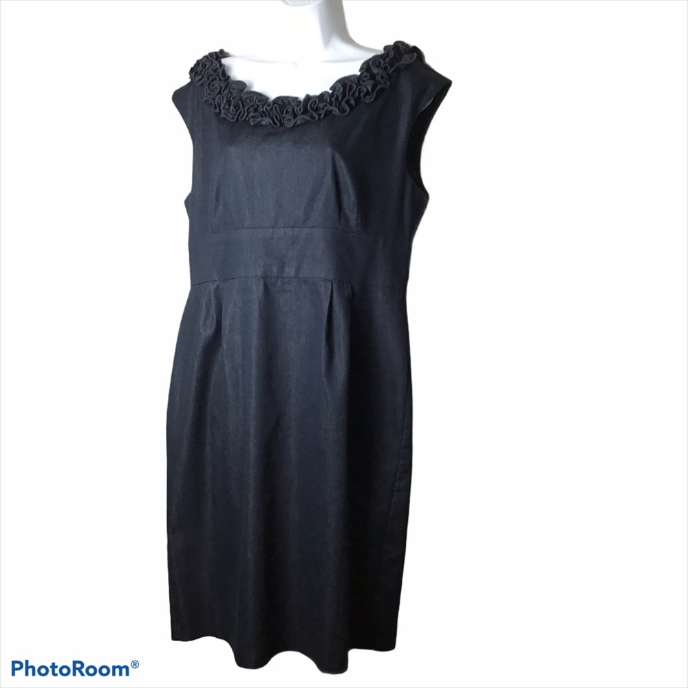 London Times Black Tonal Ruffle Neck Sheath Dress